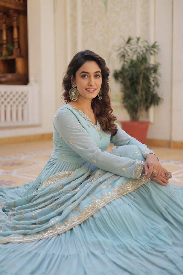 Elegant Faux Georgette Gown with Embroidered Dupatta – A Statement of Grace & Style