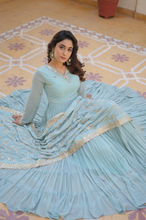 Elegant Faux Georgette Gown with Embroidered Dupatta – A Statement of Grace & Style