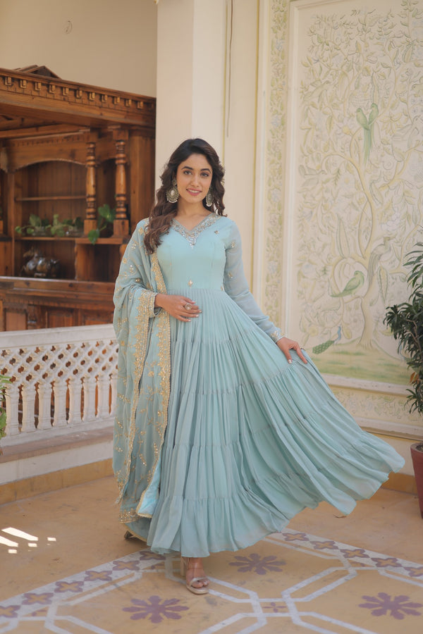 Elegant Faux Georgette Gown with Embroidered Dupatta – A Statement of Grace & Style