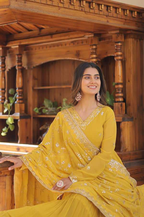Elegant Faux Georgette Gown with Embroidered Dupatta – A Statement of Grace & Style