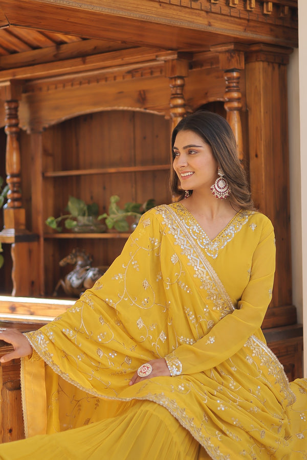 Elegant Faux Georgette Gown with Embroidered Dupatta – A Statement of Grace & Style