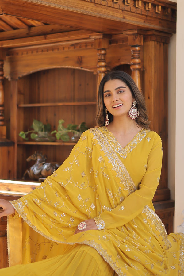 Elegant Faux Georgette Gown with Embroidered Dupatta – A Statement of Grace & Style