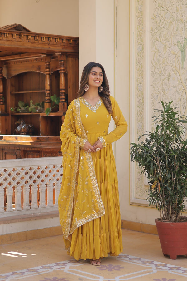 Elegant Faux Georgette Gown with Embroidered Dupatta – A Statement of Grace & Style