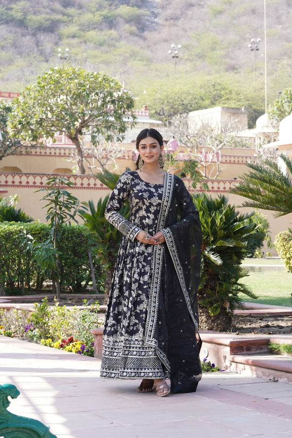 Viscose Dyable Jacquard Gown with Russian Silk Dupatta
