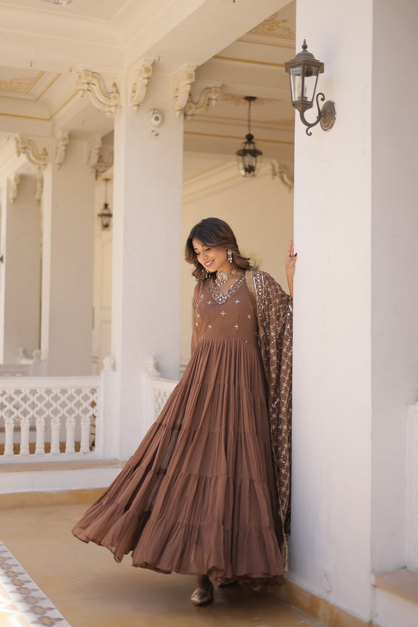 Premium Designer Gown with Dupatta - 5 Layer Frill Stitching