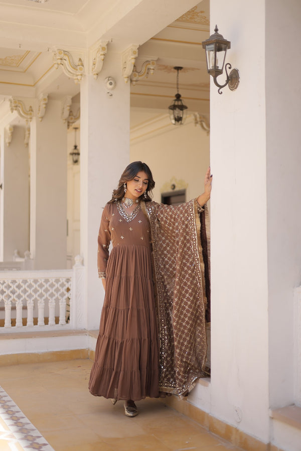 Premium Designer Gown with Dupatta - 5 Layer Frill Stitching