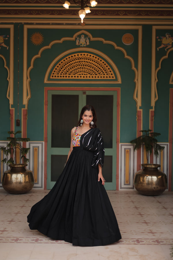 Black Rayon Designer Gown with embroidery and Lace for Navratri