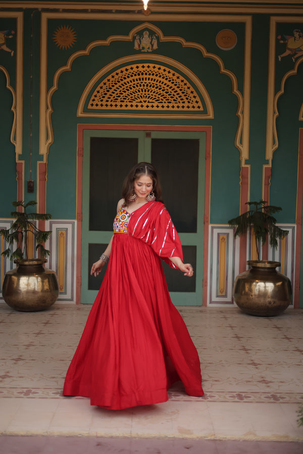 Maroon Rayon Designer Gown with embroidery andLace for Navratri