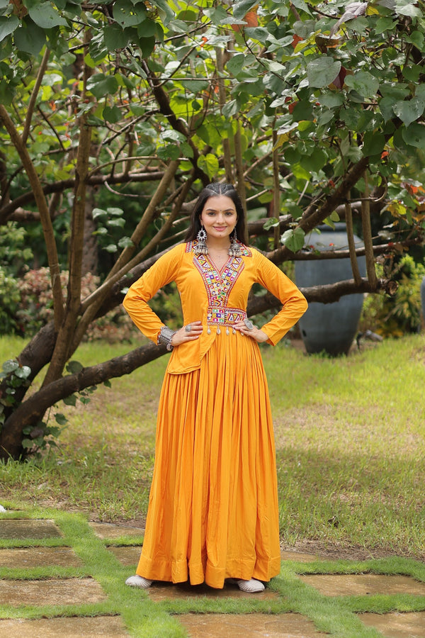 Mustard Kutchi Gamthi Work Reyon Gown with Designer Koti Style for Navratri Festive Wear