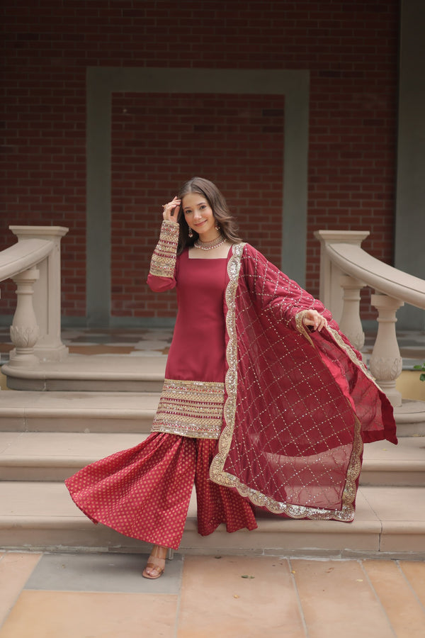 Faux Georgette Kurta with Sequins Embroidery, Viscose Jacquard Sharara & Cutwork Dupatta