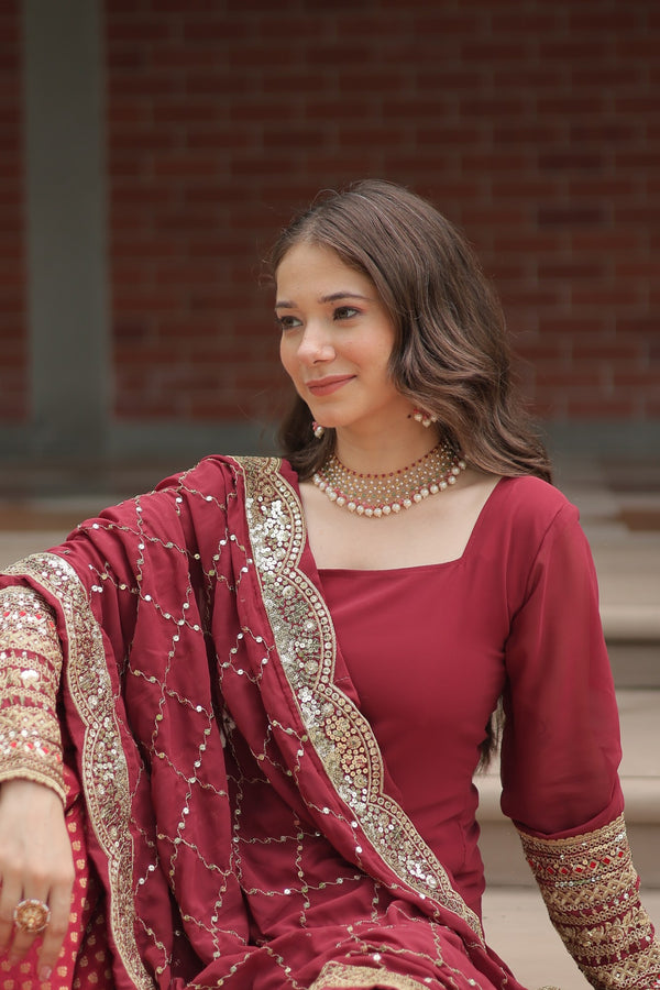 Faux Georgette Kurta with Sequins Embroidery, Viscose Jacquard Sharara & Cutwork Dupatta