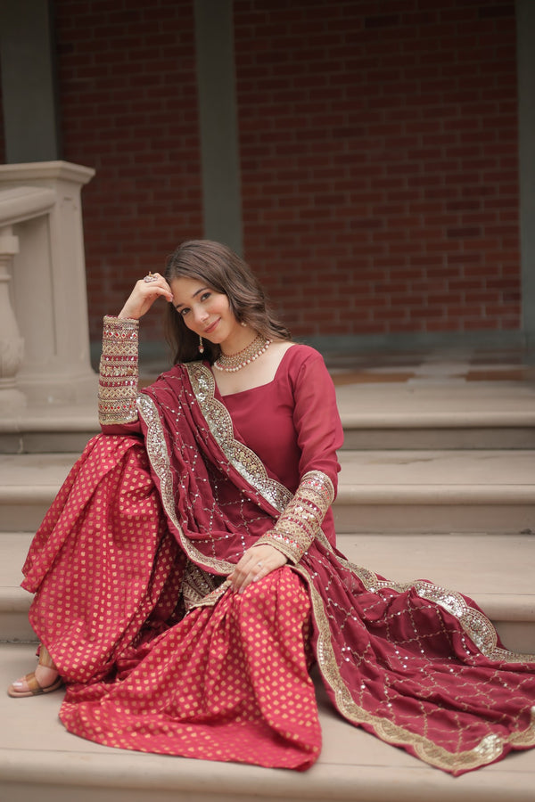 Faux Georgette Kurta with Sequins Embroidery, Viscose Jacquard Sharara & Cutwork Dupatta