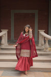 Faux Georgette Kurta with Sequins Embroidery, Viscose Jacquard Sharara & Cutwork Dupatta