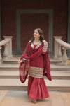 Faux Georgette Kurta with Sequins Embroidery, Viscose Jacquard Sharara & Cutwork Dupatta