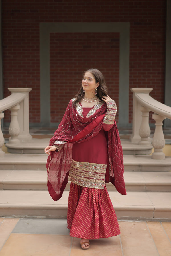 Faux Georgette Kurta with Sequins Embroidery, Viscose Jacquard Sharara & Cutwork Dupatta