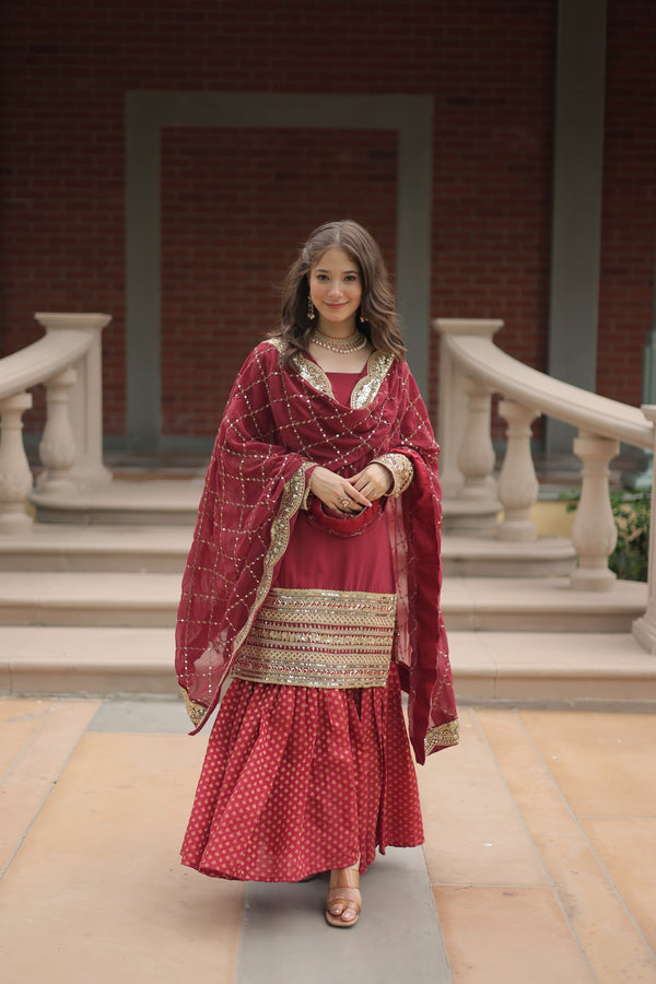 Faux Georgette Kurta with Sequins Embroidery, Viscose Jacquard Sharara & Cutwork Dupatta