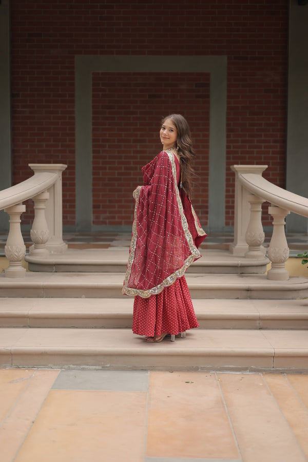 Faux Georgette Kurta with Sequins Embroidery, Viscose Jacquard Sharara & Cutwork Dupatta