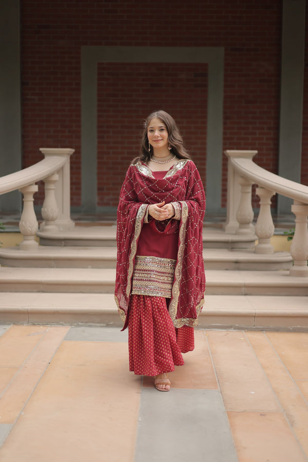Faux Georgette Kurta with Sequins Embroidery, Viscose Jacquard Sharara & Cutwork Dupatta