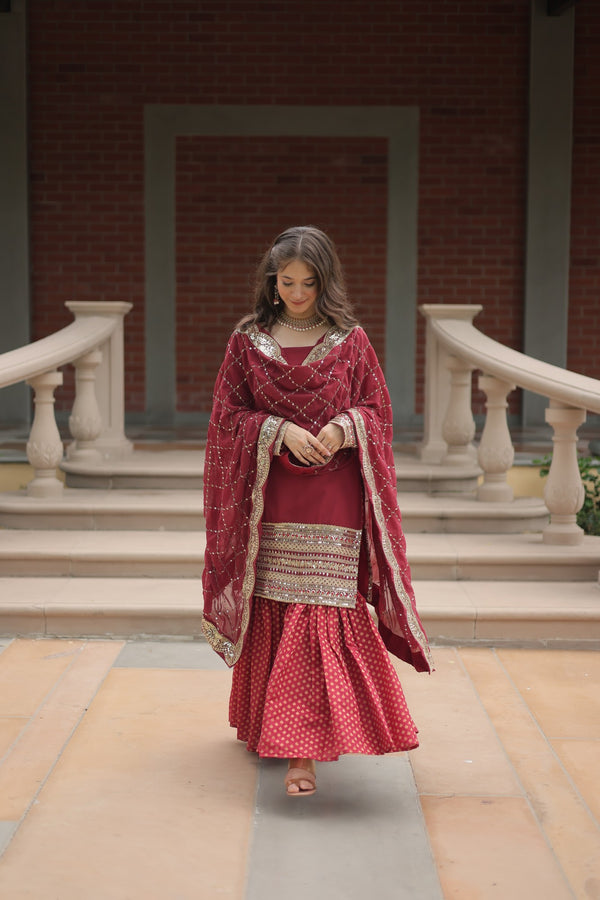 Faux Georgette Kurta with Sequins Embroidery, Viscose Jacquard Sharara & Cutwork Dupatta