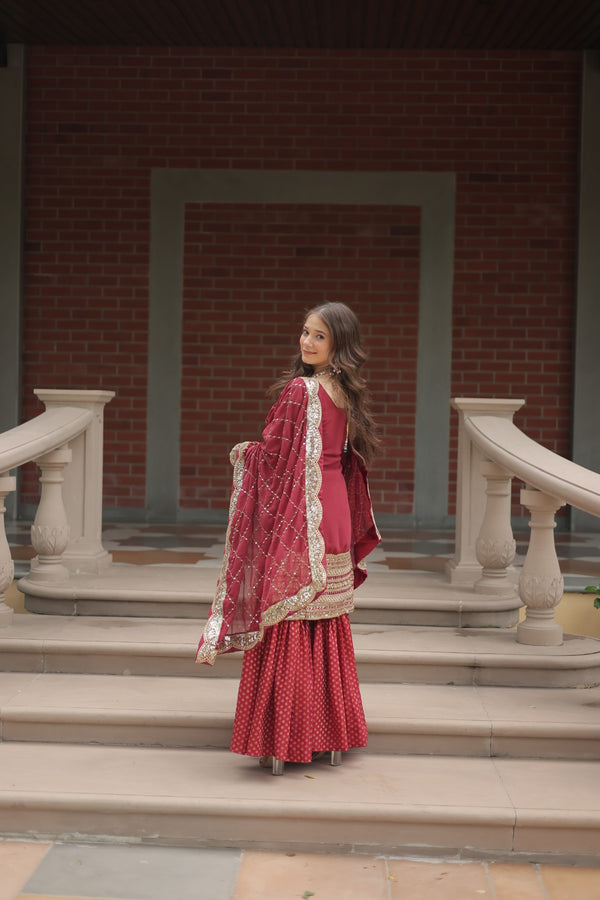 Faux Georgette Kurta with Sequins Embroidery, Viscose Jacquard Sharara & Cutwork Dupatta