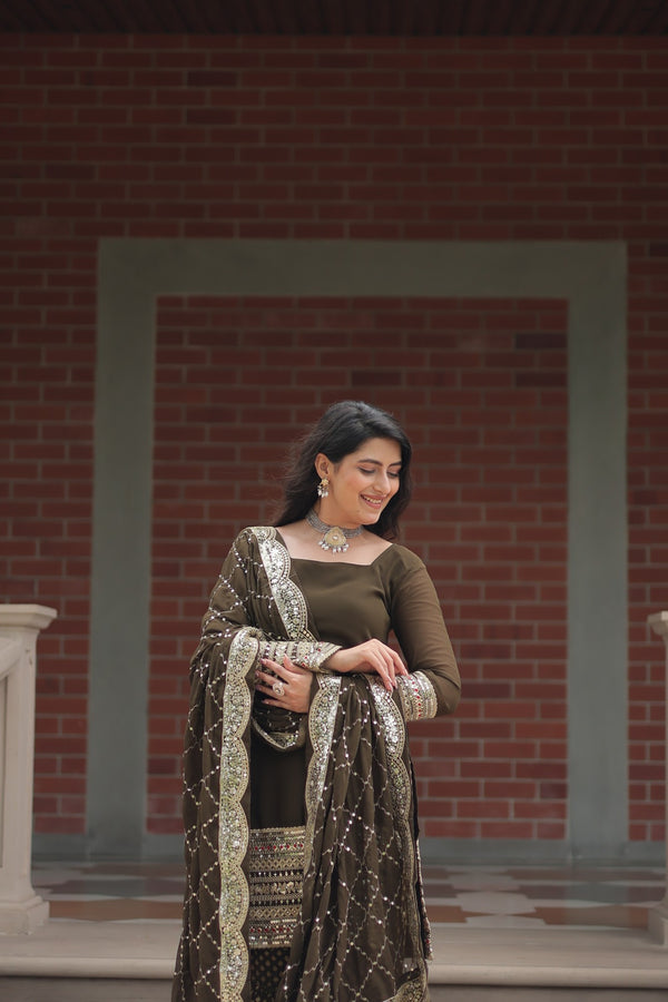 Faux Georgette Kurta with Sequins Embroidery, Viscose Jacquard Sharara & Cutwork Dupatta