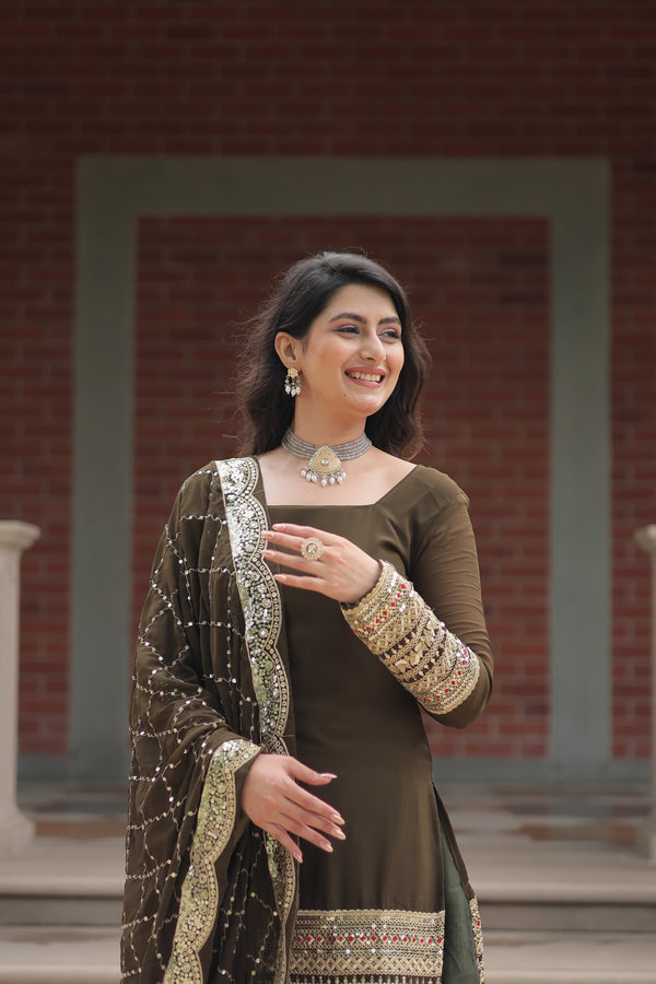 Faux Georgette Kurta with Sequins Embroidery, Viscose Jacquard Sharara & Cutwork Dupatta