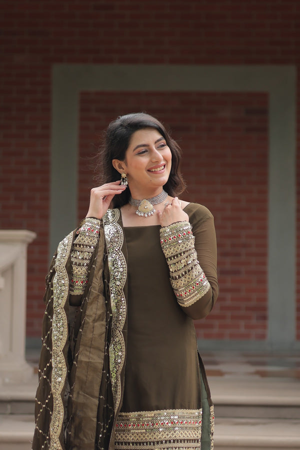 Faux Georgette Kurta with Sequins Embroidery, Viscose Jacquard Sharara & Cutwork Dupatta