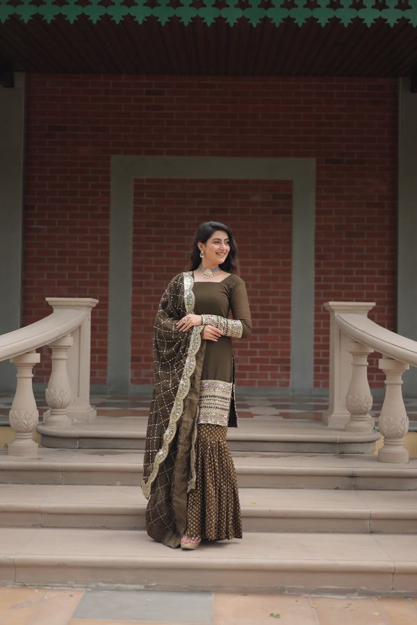 Faux Georgette Kurta with Sequins Embroidery, Viscose Jacquard Sharara & Cutwork Dupatta