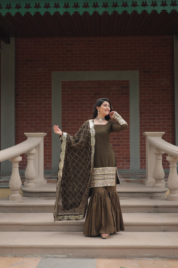 Faux Georgette Kurta with Sequins Embroidery, Viscose Jacquard Sharara & Cutwork Dupatta