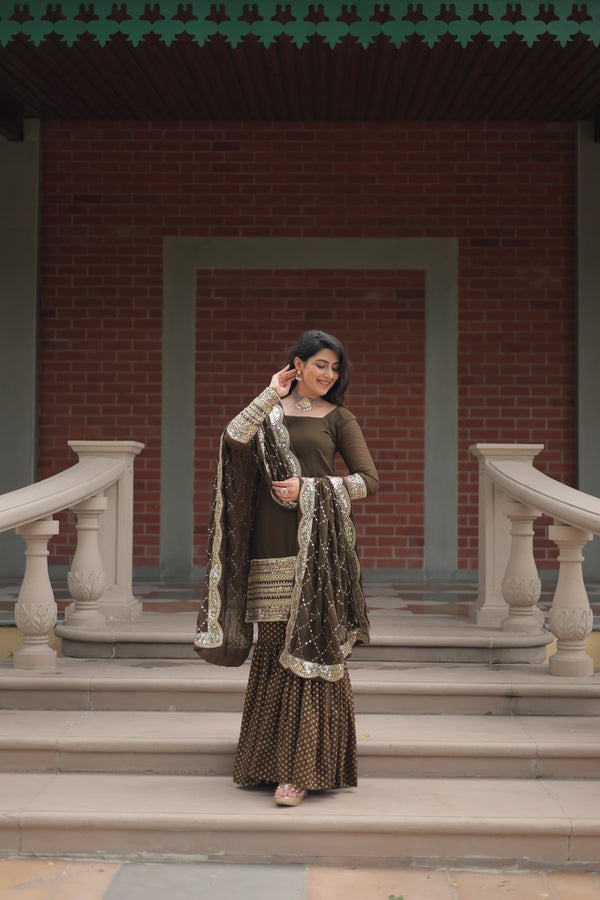 Faux Georgette Kurta with Sequins Embroidery, Viscose Jacquard Sharara & Cutwork Dupatta