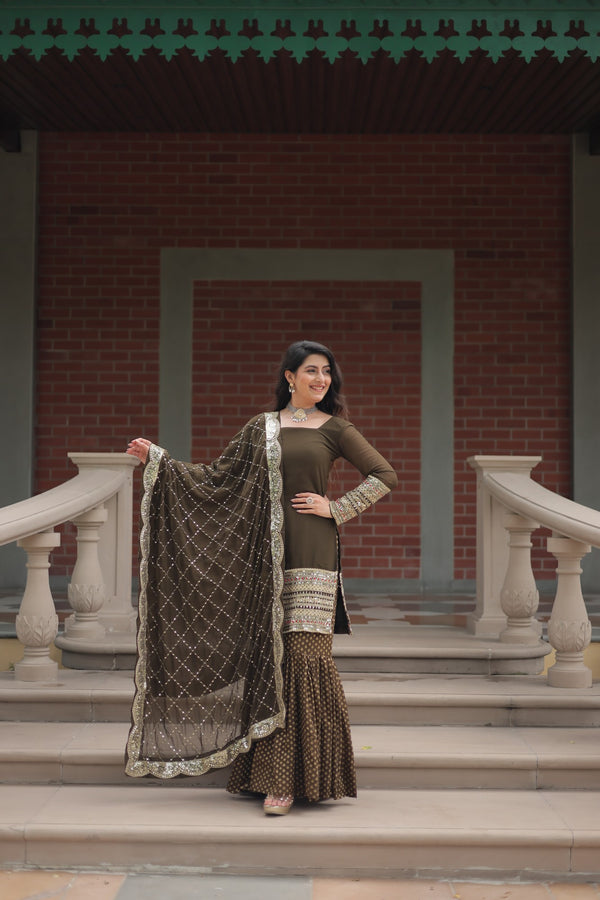 Faux Georgette Kurta with Sequins Embroidery, Viscose Jacquard Sharara & Cutwork Dupatta