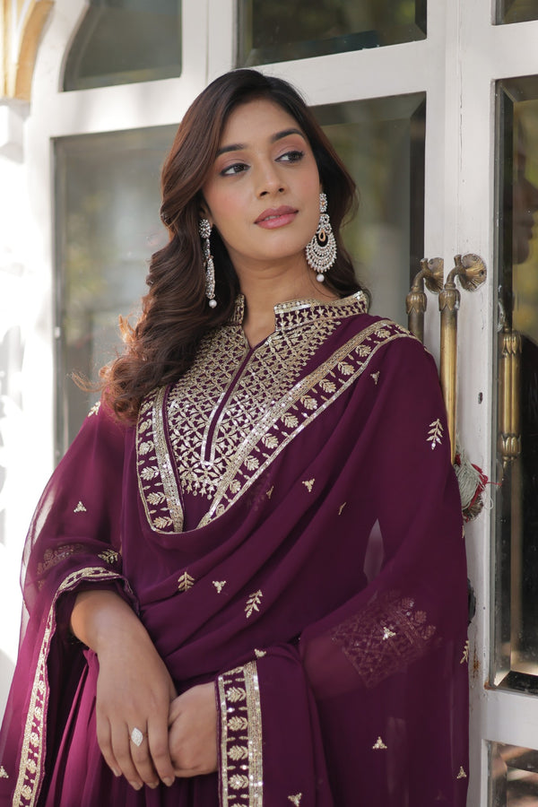 Faux Blooming Georgette Gown with Rich Sequins Embroidery & Lace-Embroidered Dupatta