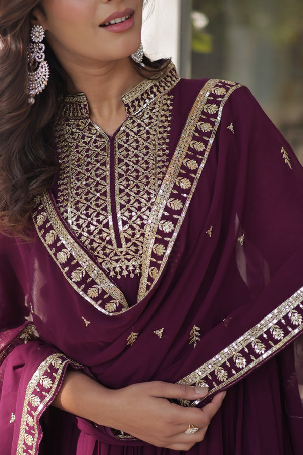 Faux Blooming Georgette Gown with Rich Sequins Embroidery & Lace-Embroidered Dupatta