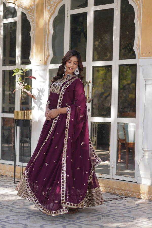 Faux Blooming Georgette Gown with Rich Sequins Embroidery & Lace-Embroidered Dupatta