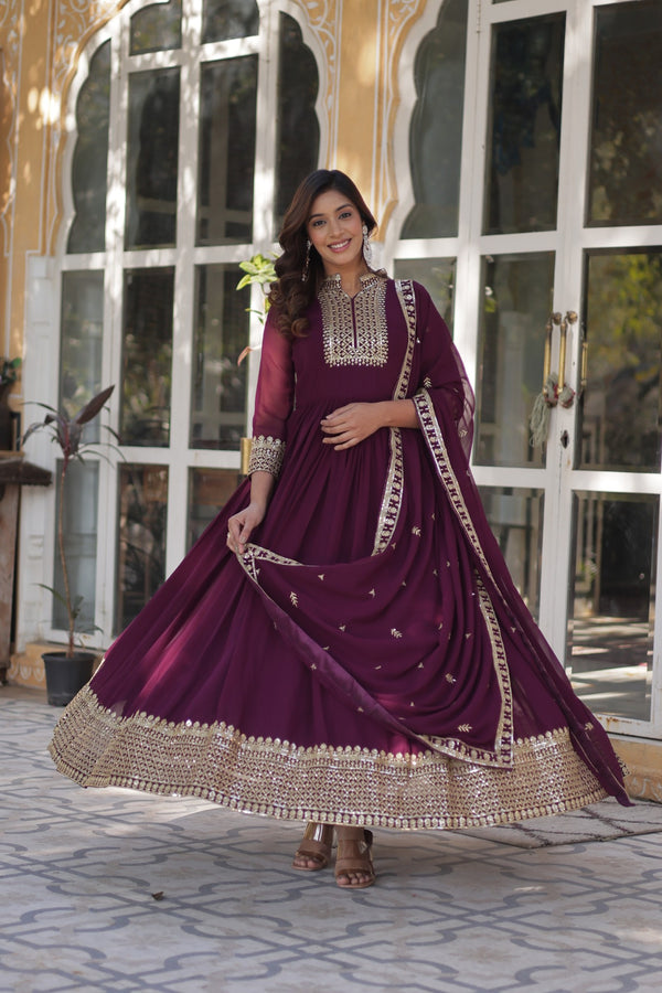 Faux Blooming Georgette Gown with Rich Sequins Embroidery & Lace-Embroidered Dupatta
