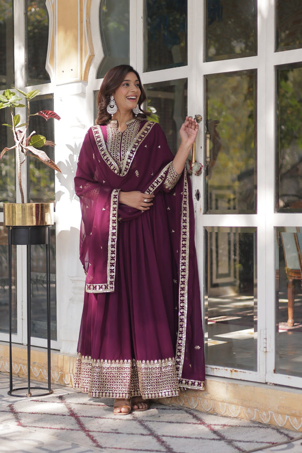 Faux Blooming Georgette Gown with Rich Sequins Embroidery & Lace-Embroidered Dupatta