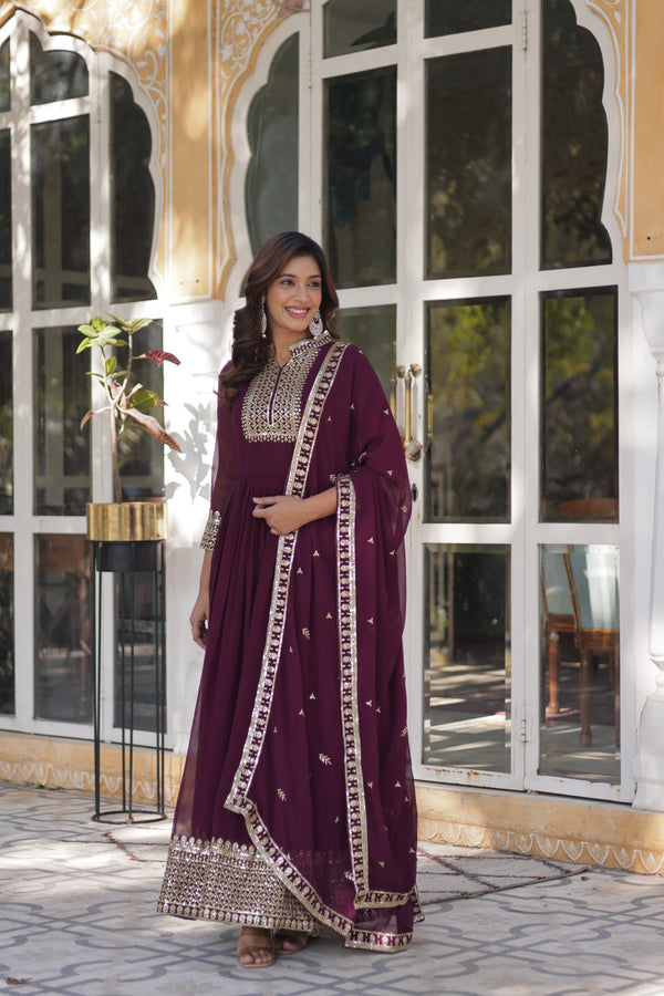 Faux Blooming Georgette Gown with Rich Sequins Embroidery & Lace-Embroidered Dupatta