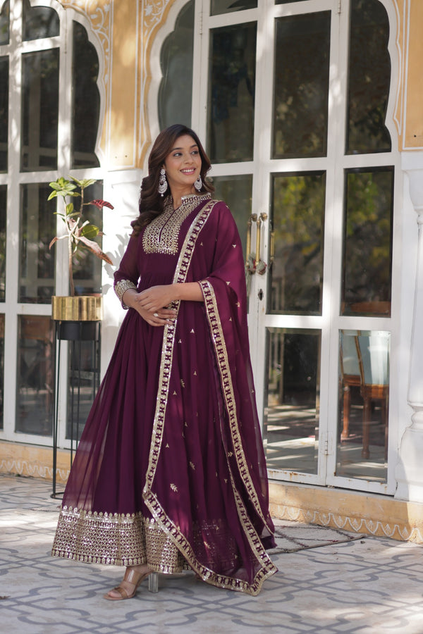 Faux Blooming Georgette Gown with Rich Sequins Embroidery & Lace-Embroidered Dupatta