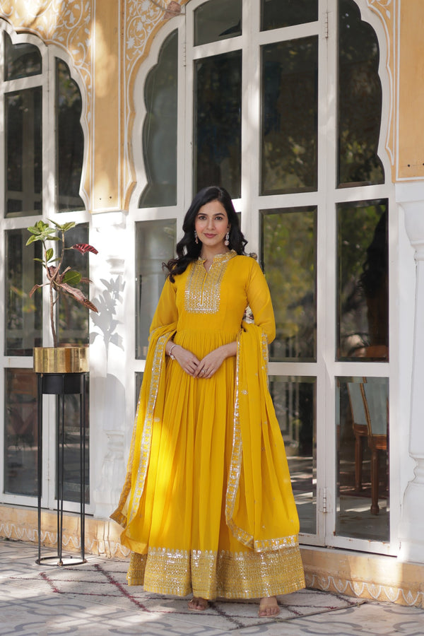 Faux Blooming Georgette Gown with Rich Sequins Embroidery & Lace-Embroidered Dupatta