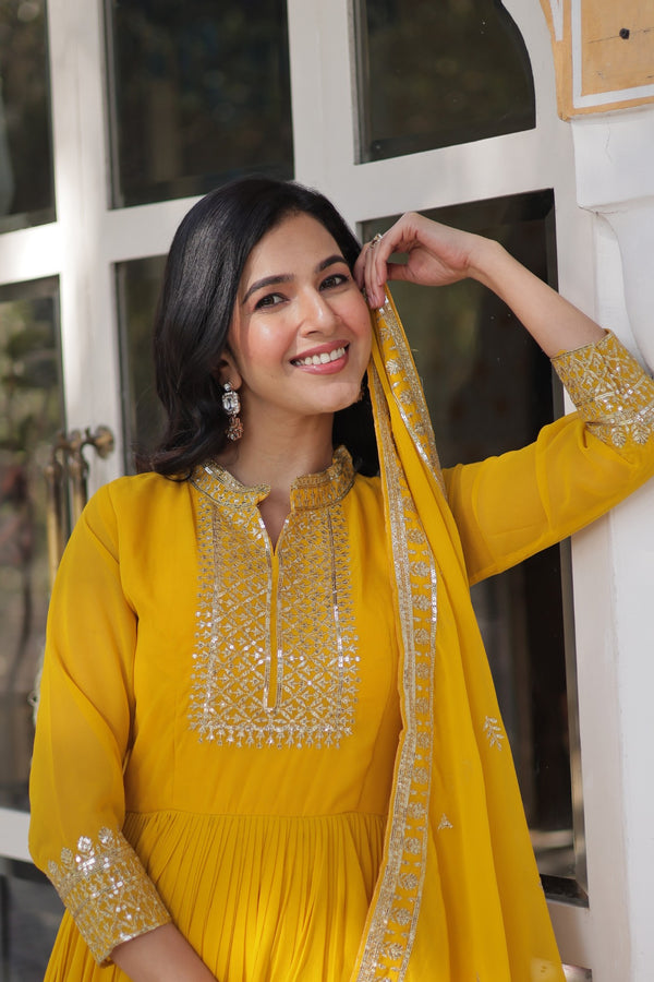 Faux Blooming Georgette Gown with Rich Sequins Embroidery & Lace-Embroidered Dupatta