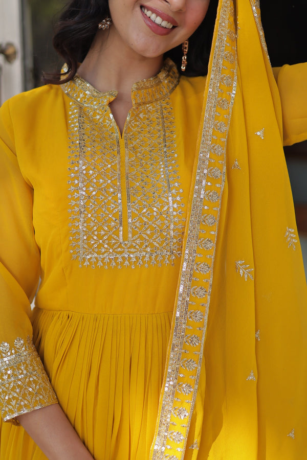 Faux Blooming Georgette Gown with Rich Sequins Embroidery & Lace-Embroidered Dupatta