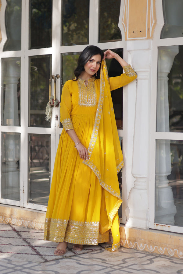 Faux Blooming Georgette Gown with Rich Sequins Embroidery & Lace-Embroidered Dupatta