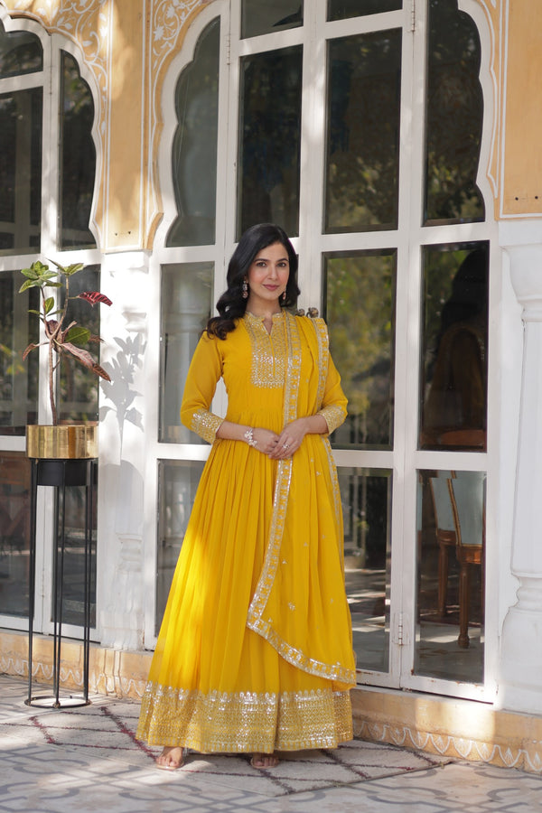 Faux Blooming Georgette Gown with Rich Sequins Embroidery & Lace-Embroidered Dupatta