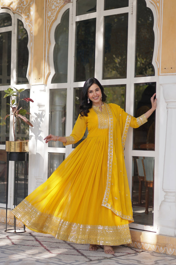 Faux Blooming Georgette Gown with Rich Sequins Embroidery & Lace-Embroidered Dupatta