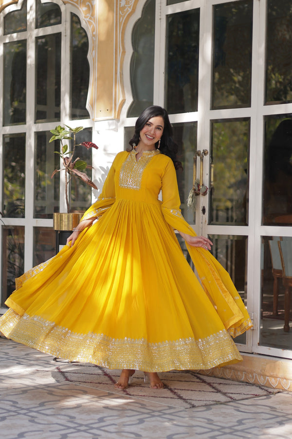 Faux Blooming Georgette Gown with Rich Sequins Embroidery & Lace-Embroidered Dupatta
