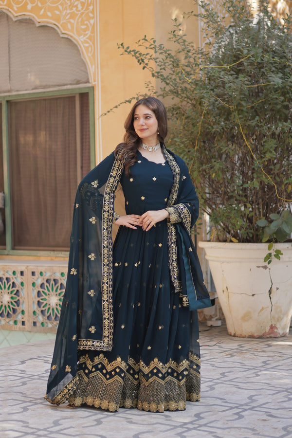 Readymade Faux Blooming Georgette Gown with Zari & Sequins Embroidery and With Dupatta