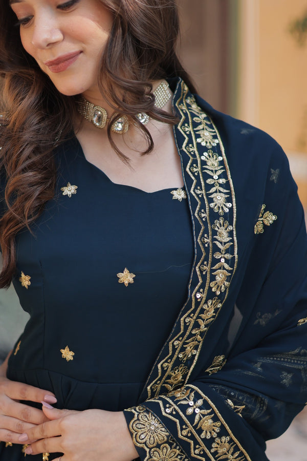 Readymade Faux Blooming Georgette Gown with Zari & Sequins Embroidery and With Dupatta