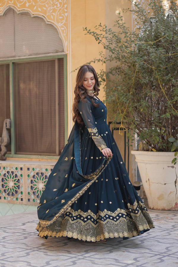 Readymade Faux Blooming Georgette Gown with Zari & Sequins Embroidery and With Dupatta