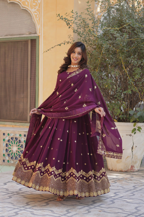 Readymade Faux Blooming Georgette Gown with Zari & Sequins Embroidery and With Dupatta
