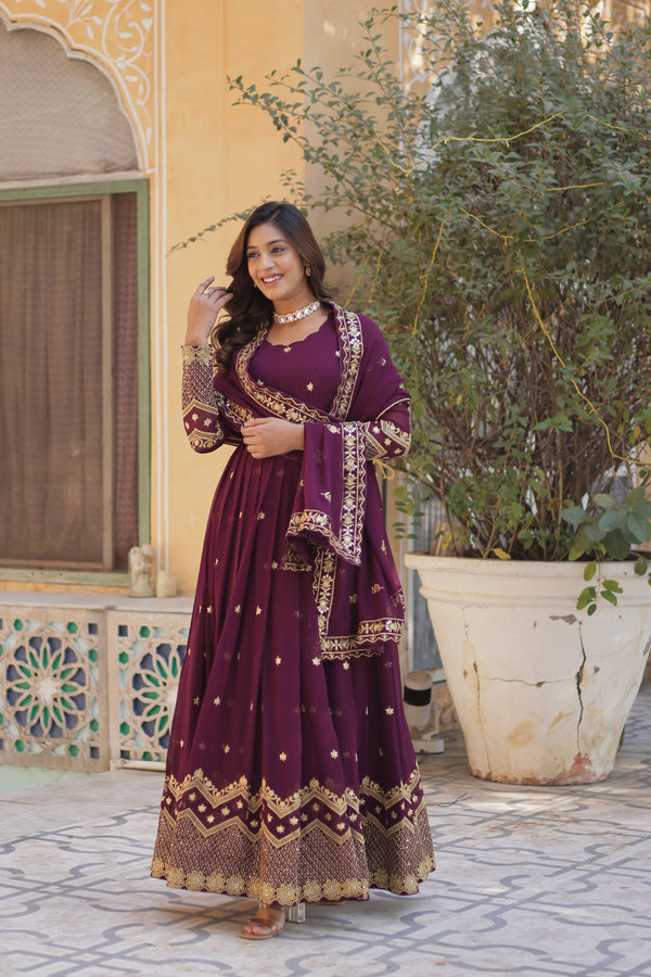 Readymade Faux Blooming Georgette Gown with Zari & Sequins Embroidery and With Dupatta